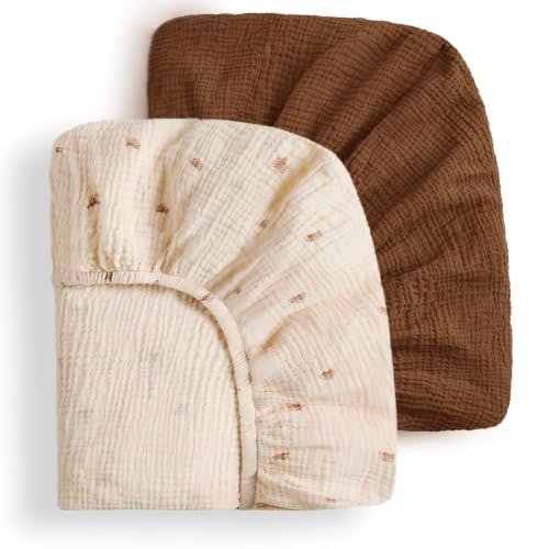 Blissful Diary Muslin Crib Sheets, 2 Pack, Sunshine & Brown | fitted for 52''x28'' crib mattress, soft and breathable cotton, boho style, easy care for machine wash, gift for boy and girl