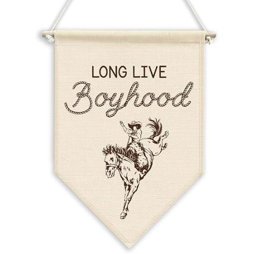 QWFFNBMU Long Live Boyhood Western Cowboy Nursery Boy Room Wall Pennant Banner Decor, Western Kids Room Wall Art Canvas Pennant Decor for Boys Toddler Room Playroom