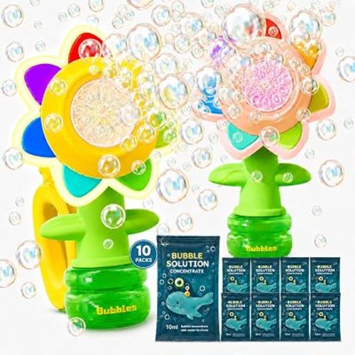 2 Pack Rechargeable Flower Bubble Guns for Kids W/LED Lights & 10 Refill Solutions, Fun Swing Dance Bubble Maker Machine Blower Blaster Toys,Outdoor Summer Play, Easter, Birthday Party Favors & Gifts