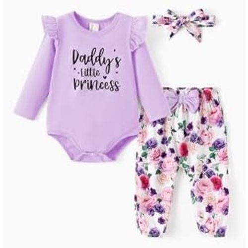 PATPAT Baby Girl Clothes Long Sleeve Ruffle Romper Pants Headband 3 Pieces Set Newborn Infant Outfits 0-24 Months