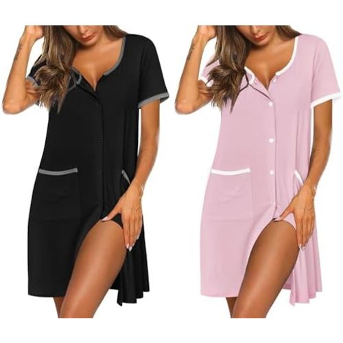 Ekouaer 2 Pack Nightgowns for Women Button Down Houese Dress with Pockets