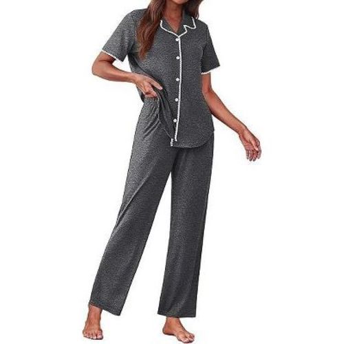 Ekouaer Women's Pajama Sets Button Down Loungewear Short Sleeve Sleepwear 2 Piece Pants Pjs Set with Pockets Dark Gray XL