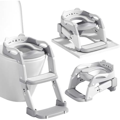 3-in-1 Baby Potty Training Seat with 2 Step Ladder, Splash Guard Anti-Slip Pad, Height Adjustable Toddler Toilet Seat with Soft Cushion for Kids Boys Girls(Grey)