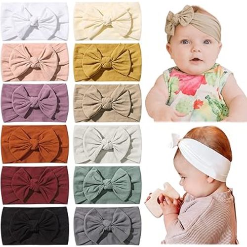 jollybows 12pcs Baby Nylon Headbands With Bow Elastic Hairband For Girls Newborn Infant Toddlers Kids Hair Accessories
