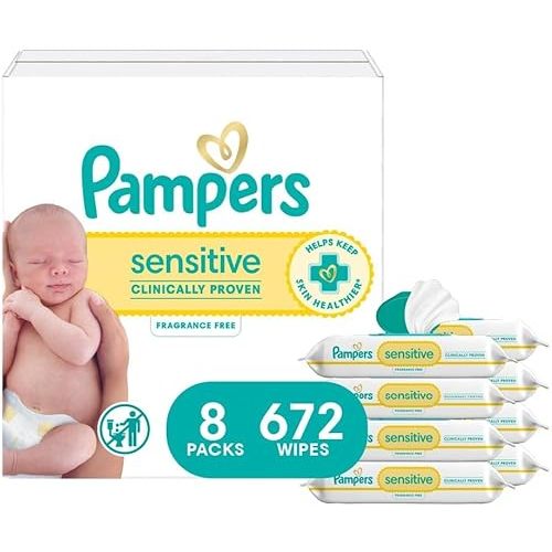 Pampers Baby Wipes, Sensitive, Water Based Wipe, Clinically Proven, Hypoallergenic, and Unscented for Babies, 672 Wipes Total (8 Flip-Top Packs) [Packaging May Vary]