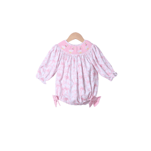 Smocked Sweet Goose Pink Bow Long Sleeve Bishop Bubble