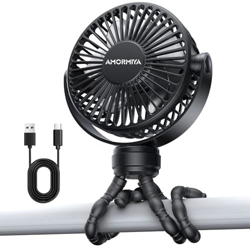 AMORMIYA Portable Mini Stroller Fan for Car Desk Treadmill Golf Cart Black | 4000mAh 20H Battery, Flexible Silicone Tripod | Quiet Brushless Motor 4.5m/s, 3 Speeds, Detachable Cover, Type-C, 360 Rotate