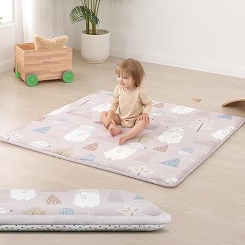 Baby Play Mat for Floor,1.3" Thick Cushioned Playpen Mat 50"x50",Extra Soft Elasti-Foam,Water Repellent Coral Velvet,Non-Slip for Crawling&Tummy Time,Infant Toddler Kids Nursery Rug(Polar Bear)