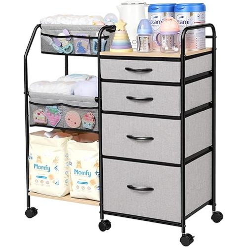 Fabuday Baby Diaper Caddy Organizer Cart - 4 Tier Rolling Diaper Cart with Wheels, Baby Essentials Organizers and Storage, Mobile Utility Carts for Bedside, Crib Nursery, Bedroom, Changing Table