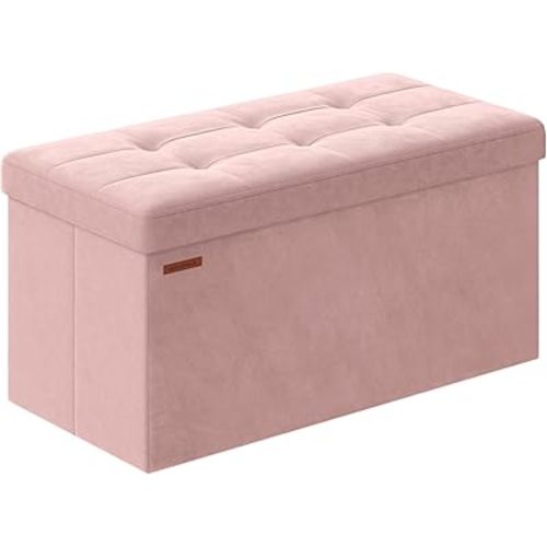SONGMICS Mazie Collection - Storage Ottoman Bench, Foldable Foot Rest, 15 x 30 x 15 Inches, End of Bed Bench, Storage Chest, Load 660 lb, Living Room, Bedroom, Entryway, Jelly Pink ULSF247R01
