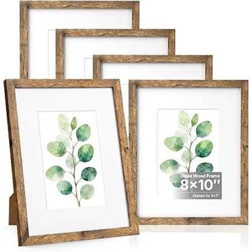HOUSE DAY 8x10 Picture Frame, Picture Frames 8x10 Wooden Picture Frames with Real Glass, Rustic 8 x 10 Photo Frame for Wall or Tabletop, Display Picture 5x7 with Mat or 8x 10 Without Mat (5 Brown)