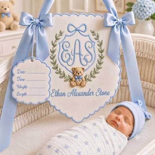 Personalized Baby Name Sign with Birth Stats Tag, Embroidered Nursery Door Hanger, Newborn Hospital Door Sign, Baby Shower Gift