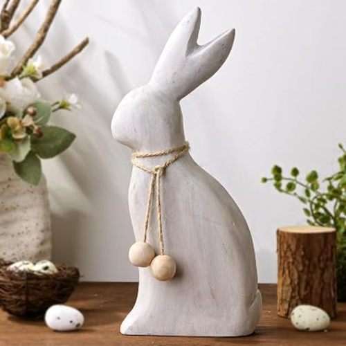 Farmhouse Antique Wood Rabbit Figurines, Handmade Elegant Easter Bunny Statue with Rustic Jute Bows for Spring Easter Home Table Decor, Party Supplies Gifts for Kids