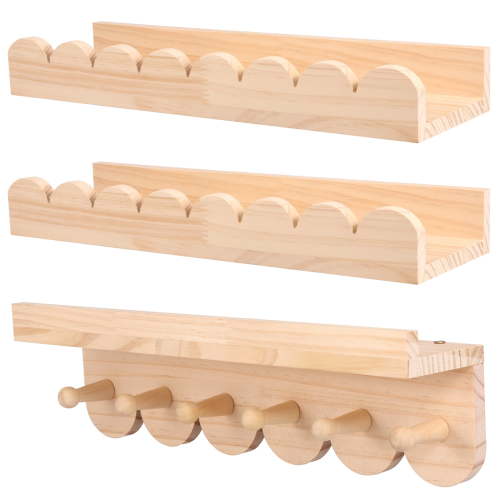 lkoopy 3PCS Nursery Book Shelves, Scalloped Wood Wall Storage Shelves, Floating Shelf for Wall Kids, Wall Book Shelve, With Hook Strong Load for Bedroom Living Room Toddler Room