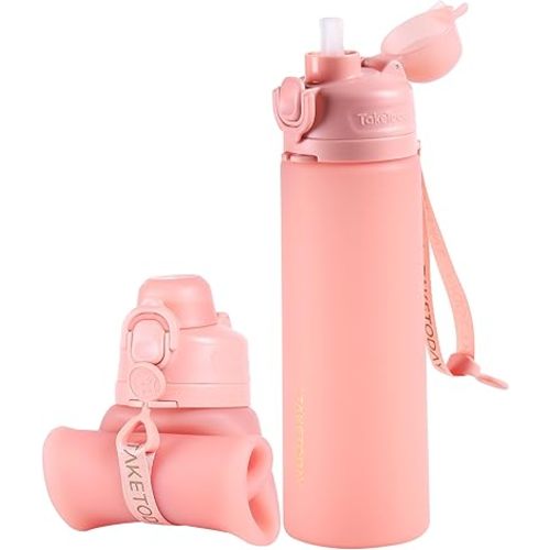 TakeToday Collapsible Water Bottles 20oz, Leak Proof, BPA-Free, Foldable Silicone Travel Water Bottle with Straw Strap for Cycling, Hiking, Outdoors