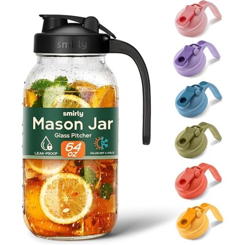SMIRLY 64 oz Mason Jar Pitcher,Glass Pitcher with Wide Mouth,Water Jug with Double Leak Proof Lid for Iced Coffee,Hot Water,Breast Milk