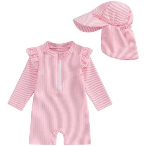 Baby Girls Swimsuit One Piece Striped Zipper Bathing Suit Rash Guard Ruffle Long Sleeve Seersucker Swimwear Sunsuit