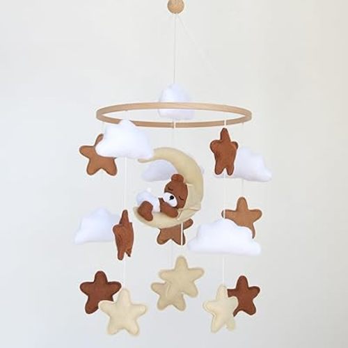 Neutral Crib Mobile with Sleeping Bear Baby Mobile for Crib Handmade Felt Mobile Nursery Decor Baby Crib Mobile