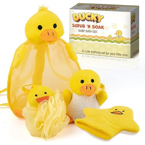 Ducky Scrub 'N Soak Baby Loofah for Bathing Set for Kids Body Scrubber Cute Cartoon Kids Loofah Bath Scrubber for Children Shower Washing Exfoliating, Baby Bath Sponge Yellow Duck Included
