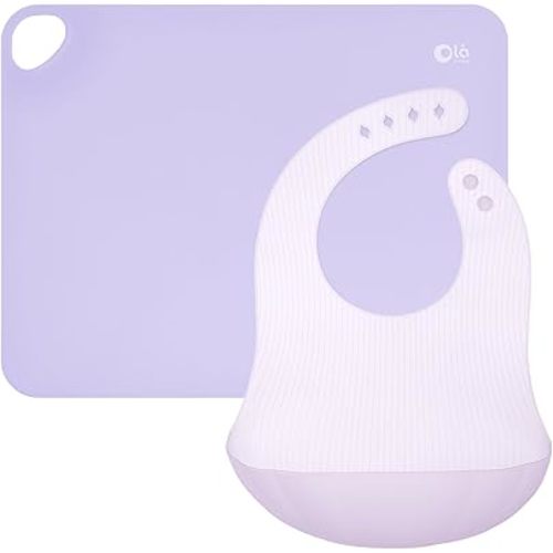 Olababy Fold N Go Silicone Placemat w Travel Case (Lilac) + Olababy Fold N Go Silicone Baby Bib w Travel Case (Lilac)
