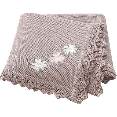 LAWKUL Baby Blanket 100% Traceable Cotton Knit Receiving Blankets Crib Blanket for Newbron Boy Girls 40"x30" White Floral