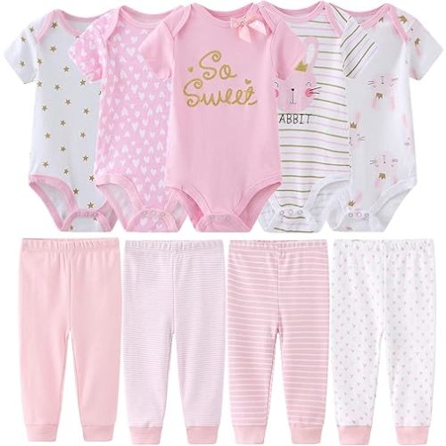 Newborn Baby Clothes Set - Short Sleeve Baby Boy Pants & Girl Bodysuits - Layette Sets