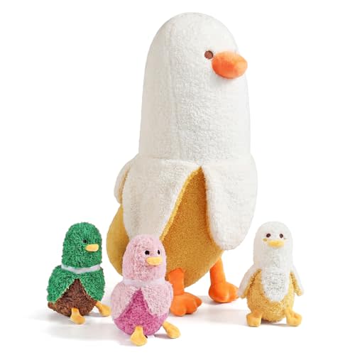 PEACH CAT Banana Duck Plush 1 Mommy 19.7" Banana Duck Stuffed Animal with 3 Cute Babies Inside, 4 Pieces Plushies Toy Set Gifts for Girls and Boys
