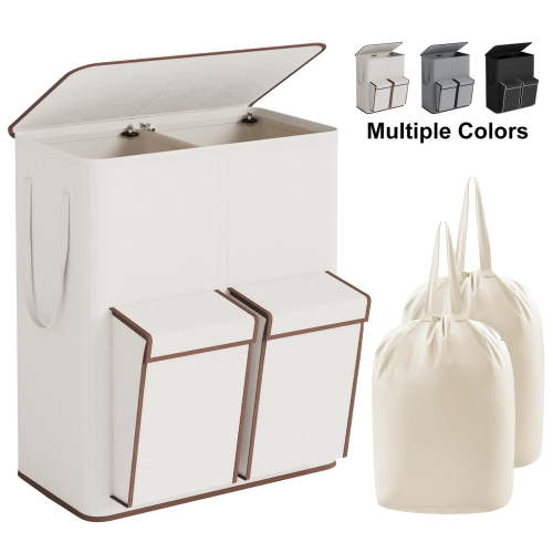 BGTREND Double Laundry Hamper with Lid, 180L Dirty Clothes Basket with 2 Removable Bags & 2 Side Pockets, Collapsible Laundry Sorter, Beige