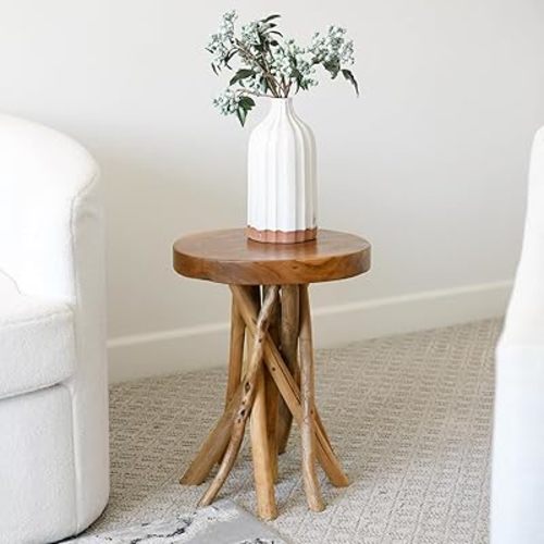 WELLAND Teak Wood Stick Leg End Table, 16" L x 16" W x 20" H Rustic Side Table, Small Accent Table, Plant Stand for Living Room, Bedroom, Home Office