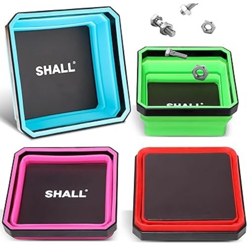 SHALL New Version Collapsible Magnetic Parts Tray Set, 4-Pack Magnetic Tool Trays for Screw Bolts Nuts Washers Pins & Small Metal Parts, 4.5” Square Silicone Foldable Bowls w/Dual-Sided Magnetic Base