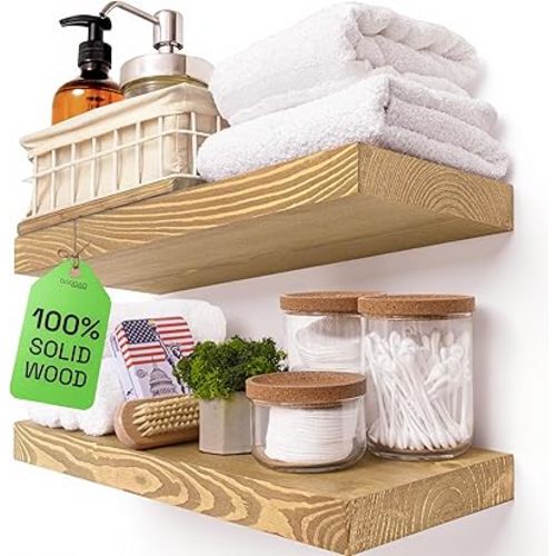 BAOBAB WORKSHOP Natural Wood Floating Shelves for Wall 16 inch - Floating Wall Shelves for Kitchen Bedroom - Wooden Bathroom Shelves - Floating Shelf - Oak Finish, 16" W x 6.7" D x 1.2”H