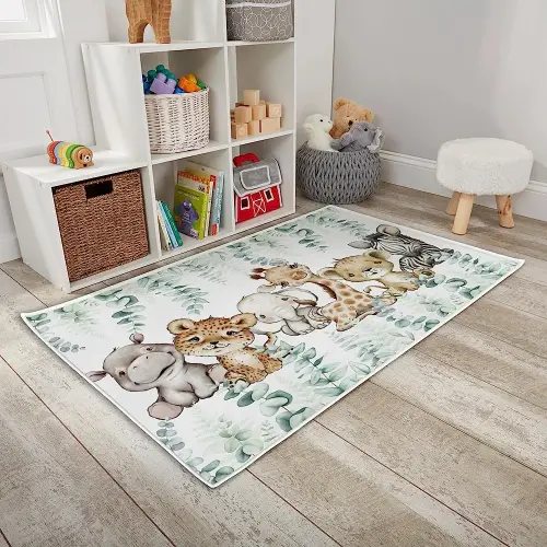 Baby Toddler Boy Girl African Safari Jungle Animals Playroom Area Rug, Elephant Giraffe Lion Zebra Non Slip Nursery Play Mat Carpet, Neutral Kids Bedroom Living Room Eucalyptus Leaf Decor