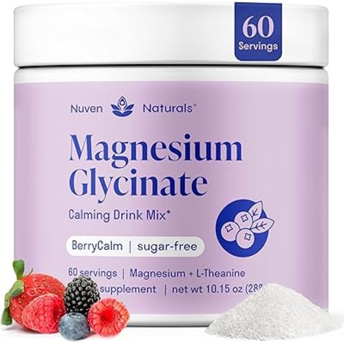 Magnesium Glycinate Powder + L-Theanine | 60 Servings | 300 mg per Scoop High Absorption Chelated Magnesium Powder for Sleep - Natural Mixed Berry Flavor, No Sugar, Support Restful Sleep & Relaxation