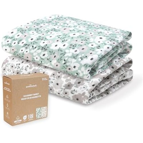 Organic Cotton Bassinet Sheets Girl - 2pk Fitted Baby Bed Sheets, Sage Floral