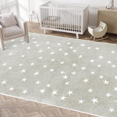 Poowe Soft Kids Area Rug, Large Washable Space Mat, Non-Slip Cute Stars Baby Crawling Floor Mat for Living Room Playroom Classroom Bathroom (5 x 7ft,Beige)