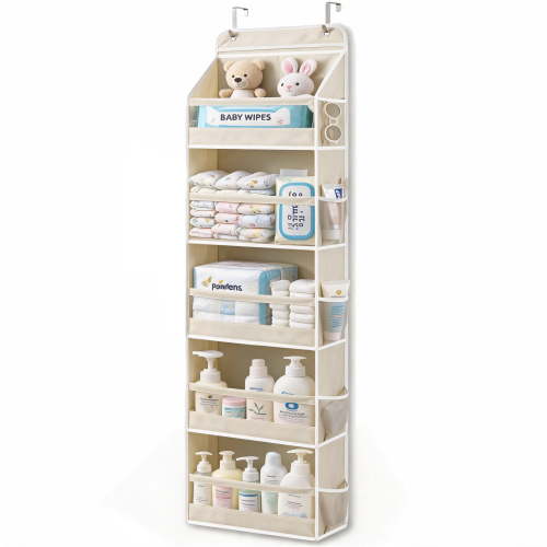 VOZOGO 1 pack over Door Organizer with 5 Large Pockets, 44 lbs Weight Capacity Hanging Storage Organizer with Clear Window Kids Toys, Shoes, Diapers,Off-white