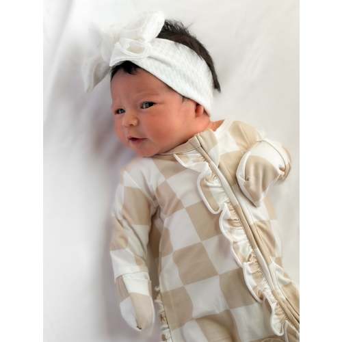 Ruffled Bamboo Zippy Sleeper in Salt + Sand Checkered