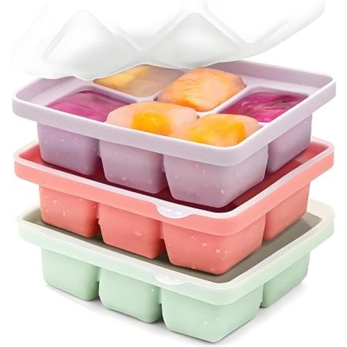 3Pcs Ice Cube Tray,Each Cube 2 oz(60ml) Baby Food Freezer Tray,Easy-Release Silicone Large Ice Moulds with Removeable Lids,Perfect for Chilled Drinks,Fruit ice,Whiskey and Cocktail, BPA Free