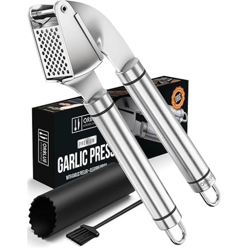 ORBLUE Garlic Press Stainless Steel - Premium Professional Grade Garlic Mincer, Crusher & Peeler Set - Easy Clean, Dishwasher Safe & Rust-proof