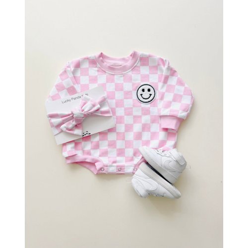 Bubble Romper | Checkered Smiley Pink