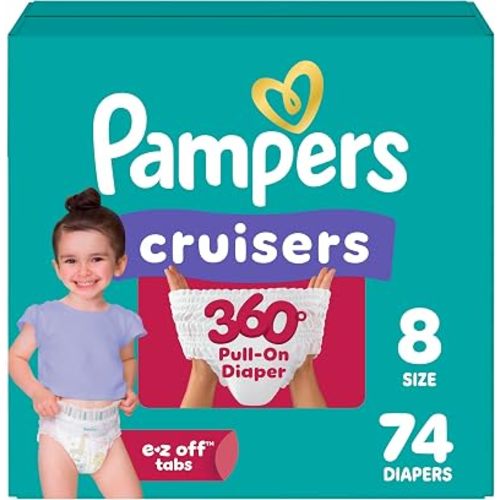 Pampers Diapers - Cruisers 360° - Size 8, 74 Count, up to 100% Leakproof Fit, Designed for Active Babies, Pull On Diaper
