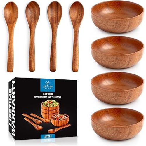 Zulay Kitchen Teak Wood Dipping Bowls with Spoons Set – 8 Piece Wooden Serving Set with 4 Mini Bowls and 4 Small Spoons, Handcrafted Natural Teak Wood, Durable & Smooth Finish