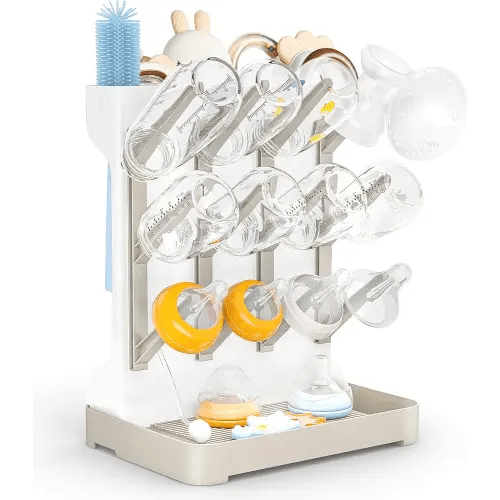 GoMaihe Baby Bottle Drying Rack: Space Saving Vertical Bottle Dryer Holder - Baby Accessories Storage Stand Organize Brushes Pacifiers on Countertop - BPA-Free - Beige