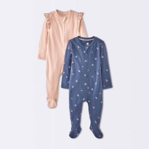 Baby Girls' 2pk Cozy Wide Ribbed Floral Sleep N' Play - Cloud Island™ Pink/Blue Newborn