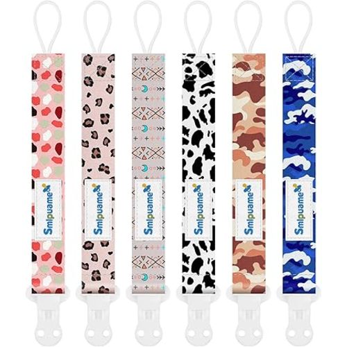 Smlpuame Pacifier Clip for Baby Boys Girl,6 Pack Stylish Binky Clips Strap,Paci Holder with Clips Universal Lightweight Fits Most Pacifiers Teeher Toy Teething Ring,Baby Gifts(Boho & Leopard & Camo)