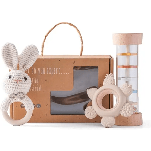 Youuys Wooden Baby Rattle Set (3pcs) - Crochet Rattle Rain Stick Teething Toys, Wooden Montessori Toy for Newborn Infant Baby Rattles Set Toys 3-6-12 Months (Bunny)