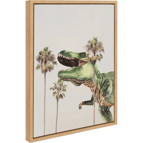 Kate and Laurel Sylvie Dinosaur Framed Canvas Wall Art by July Art Prints, 18x24 Natural, Beach Palm Tree Dinosaur Wall Decor