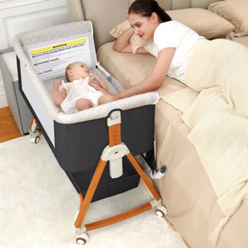Baby Bassinet Bedside Sleeper, 6 Heights, Cradle Mode, Wheels, Foldable Crib, Dark Grey