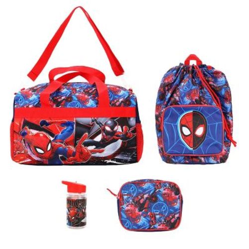 Spider-Man 4-Piece Duffel Drawstring Backpack Water Bottle and Utility Case Blue Youth Duffle Bag Set