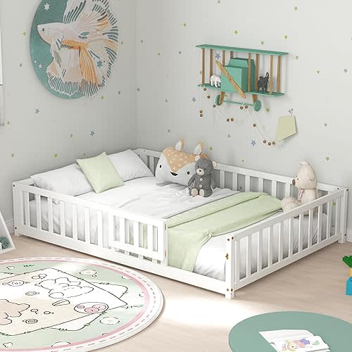 KOMFOTT Full Size Wood Floor Bed with Door & Fence, Montessori Bed Frame with Full Length Safety Guardrails, Slats Support, Door & Latch, Wooden Montessori Floor Bed, No Box Spring Needed (White)